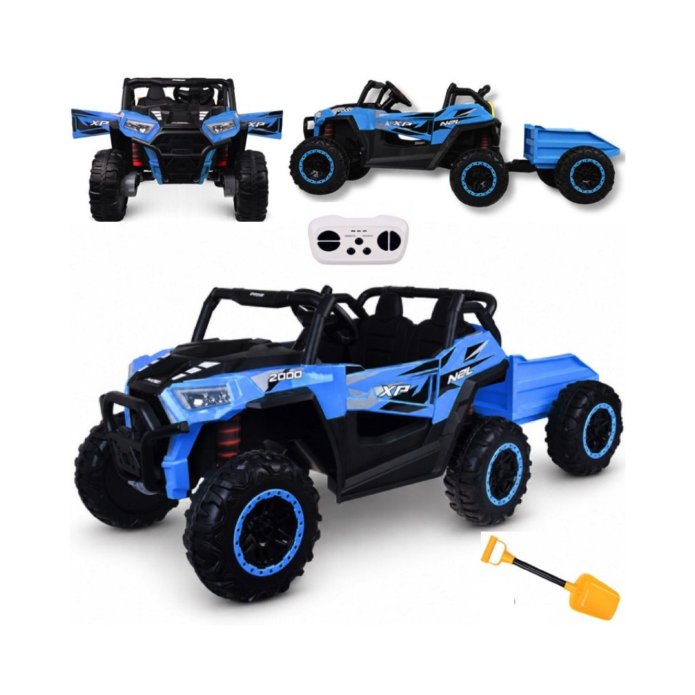 JOKO Elektrické autíčko Buggy s vyklápacou vlečkou 4x24V, penové kolesá, Dvojmiestne kožené sedadlo, modré