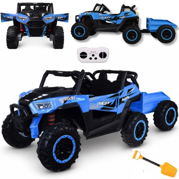 JOKO Elektrické autíčko Buggy s vyklápacou vlečkou 4x24V, penové kolesá, Dvojmiestne kožené sedadlo, modré
