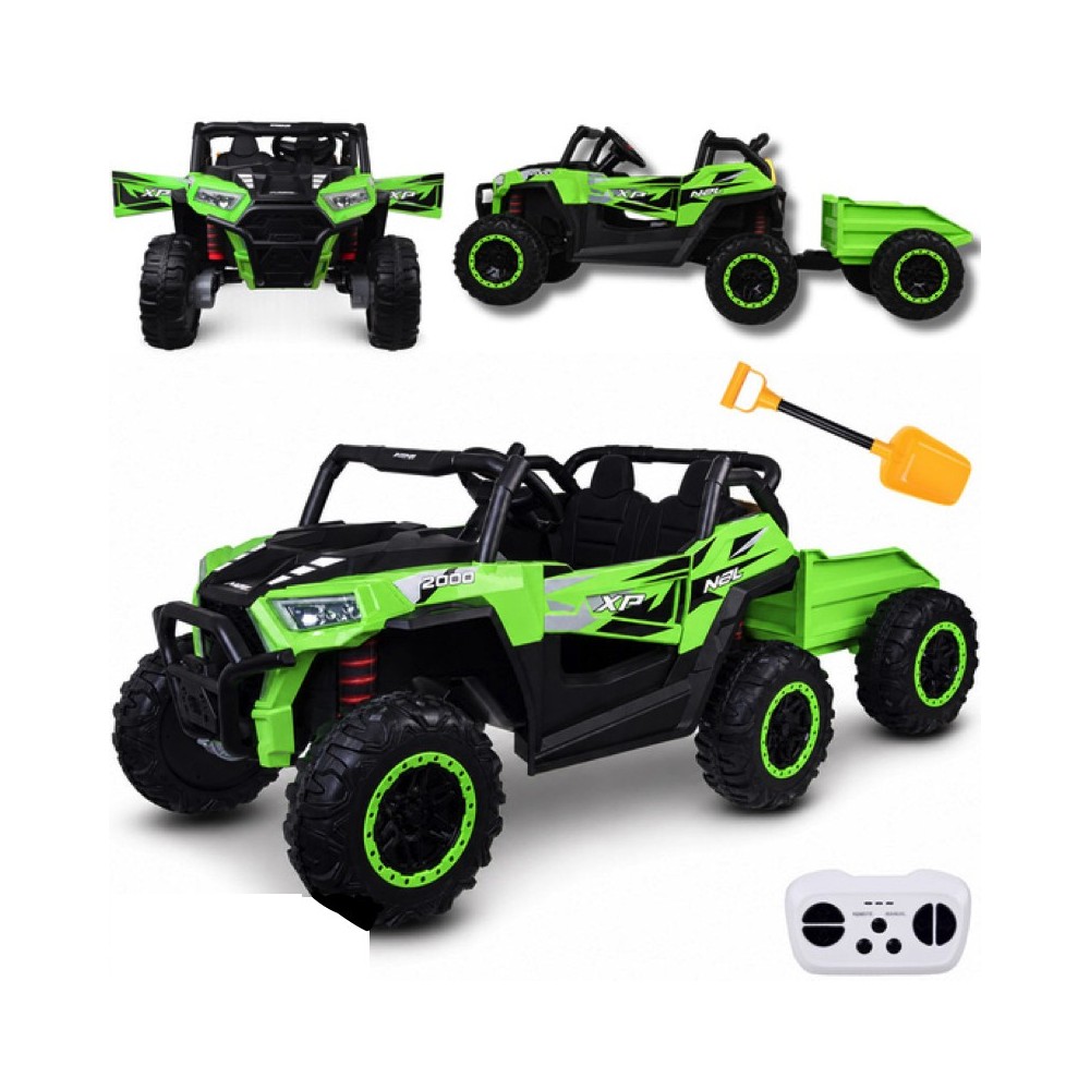 JOKO Elektrické autíčko Buggy s vyklápacou vlečkou 4x24V, penové kolesá,Dvojmiestne kožené sedadlo, zelené