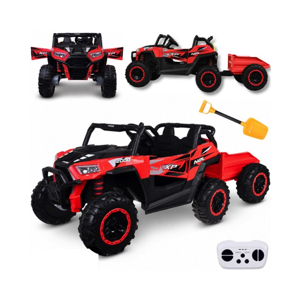 JOKO Elektrické autíčko Buggy s vyklápacou vlečkou 4x24V, penové kolesá, Dvojmiestne kožené sedadlo, červené