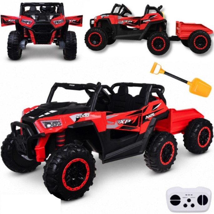 JOKO Elektrické autíčko Buggy s vyklápacou vlečkou 4x24V, penové kolesá, Dvojmiestne kožené sedadlo, červené
