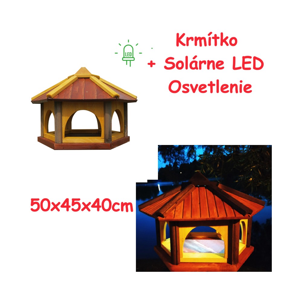 MKSTOR Drevené kŕmitko pre vtáky 50x45x40cm + SOLÁRNE Led Svetlo, vtáčia búdka, Braz