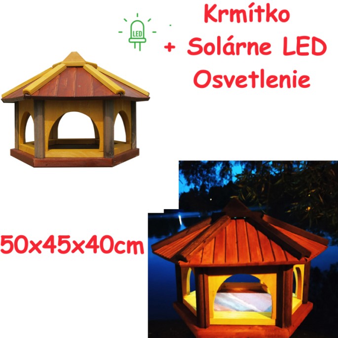 MKSTOR Drevené kŕmitko pre vtáky 50x45x40cm + SOLÁRNE Led Svetlo, vtáčia búdka, Braz