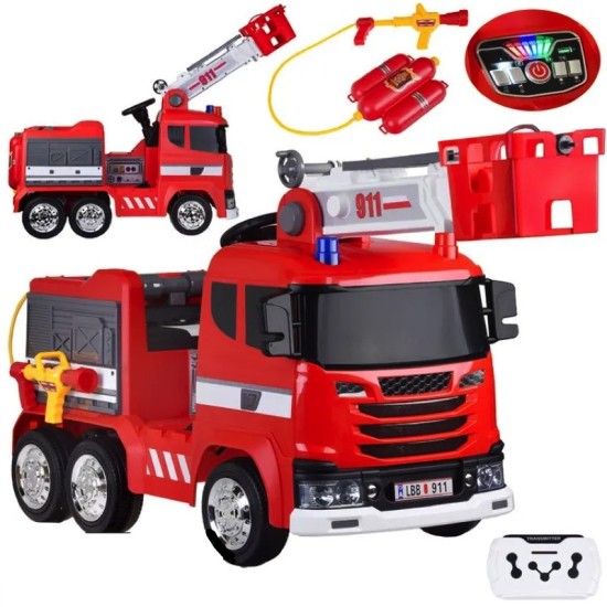 JOKO Elektrické autíčko Hasičské Auto so Striekajúcou vodou, Elektrické ovládanie rebríka + Elektrické striekanie vody, kožené s