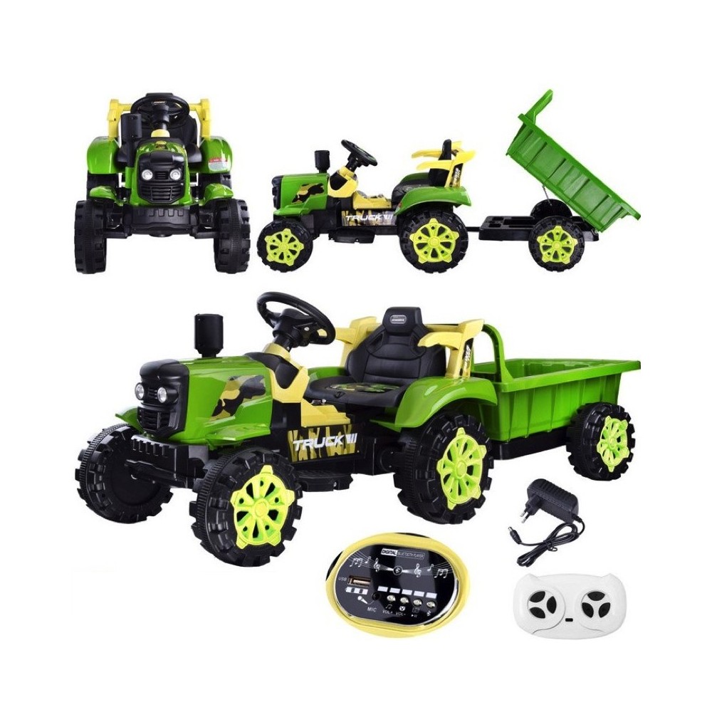JOKO Elektrický traktor s vyklápacou vlečkou, MP3, USB, diaľkové ovládanie, zelený