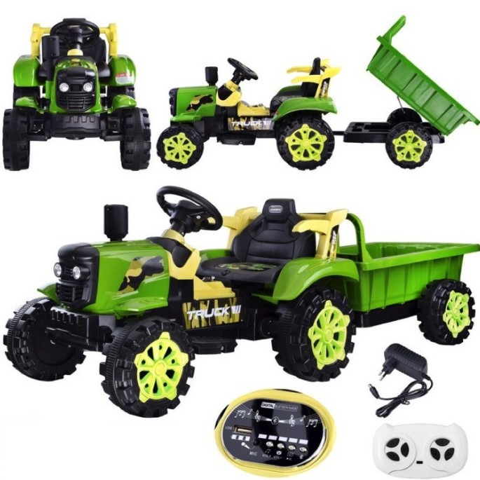 JOKO Elektrický traktor s vyklápacou vlečkou, MP3, USB, diaľkové ovládanie, zelený