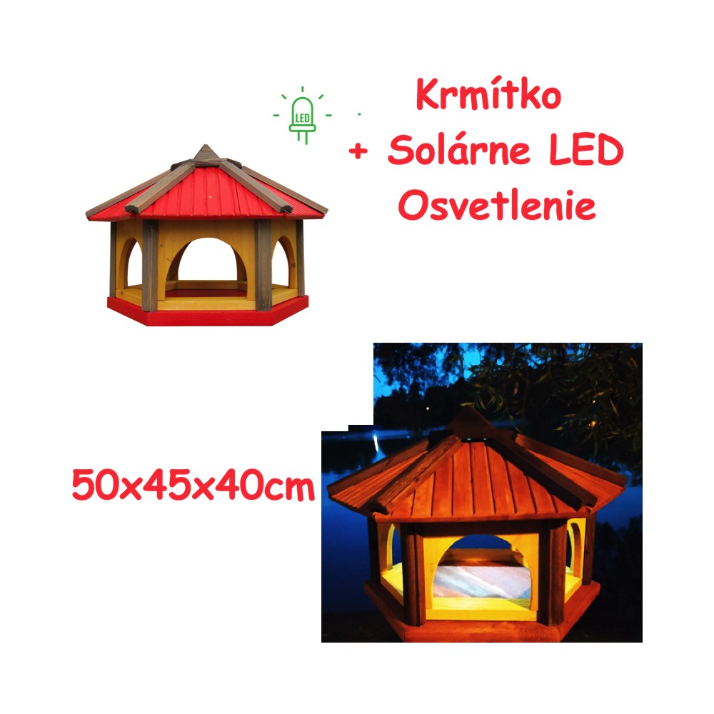 MKSTOR Drevené kŕmitko pre vtáky 50x45x40cm + SOLÁRNE Led Svetlo, vtáčia búdka, Červená