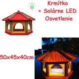 MKSTOR Drevené kŕmitko pre vtáky 50x45x40cm + SOLÁRNE Led Svetlo, vtáčia búdka, Červená