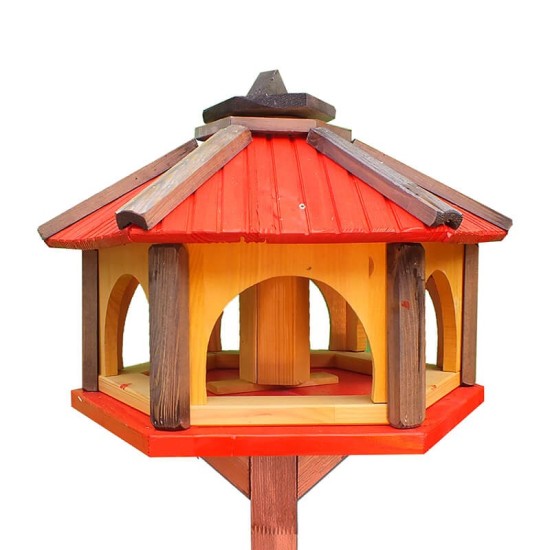 MKSTOR Drevené kŕmitko pre vtáky 50x35x46cm, vtáčia búdka so zásobníkom jedla, červená