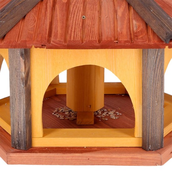 MKSTOR Drevené kŕmitko pre vtáky 50x35x46cm, vtáčia búdka so zásobníkom jedla, hnedá