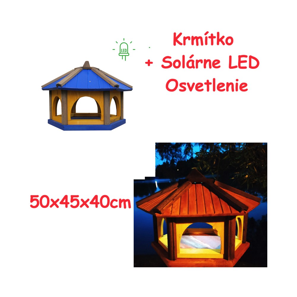MKSTOR Drevené kŕmitko pre vtáky 50x45x40cm + SOLÁRNE Led Svetlo, vtáčia búdka, modrá