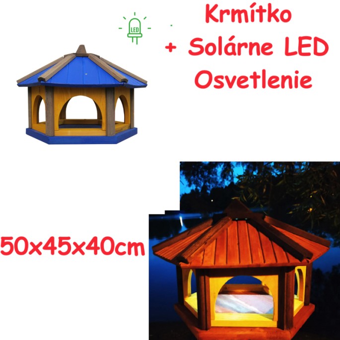 MKSTOR Drevené kŕmitko pre vtáky 50x45x40cm + SOLÁRNE Led Svetlo, vtáčia búdka, modrá