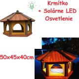 MKSTOR Drevené kŕmitko pre vtáky 50x45x40cm + SOLÁRNE Led Svetlo, vtáčia búdka, TIK