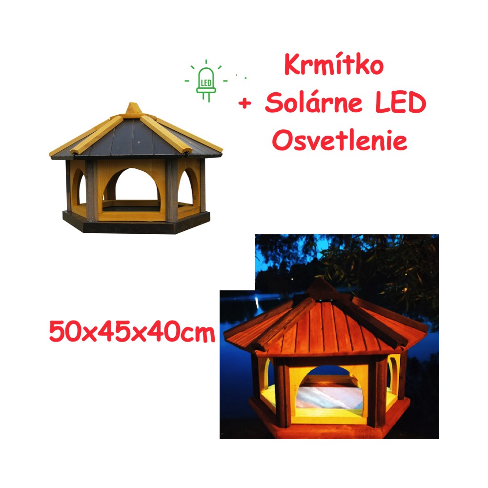 MKSTOR Drevené kŕmitko pre vtáky 50x45x40cm + SOLÁRNE Led Svetlo, vtáčia búdka, sivá