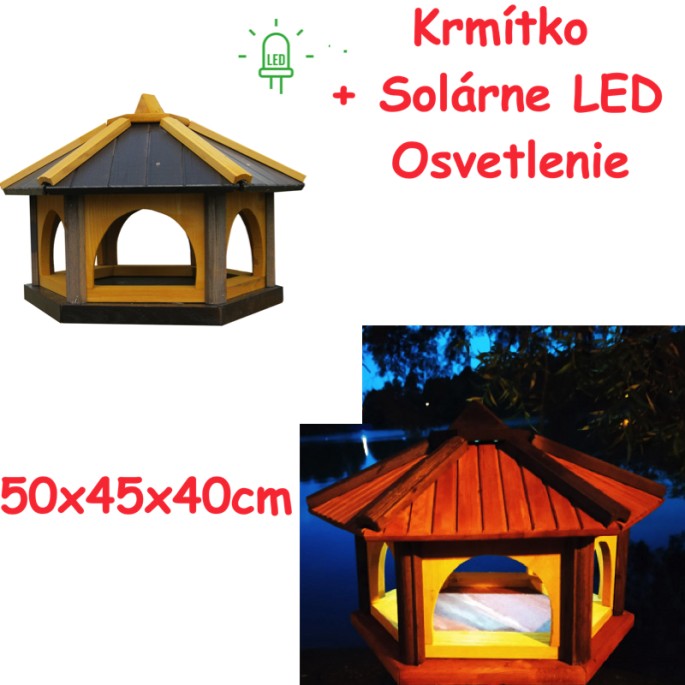 MKSTOR Drevené kŕmitko pre vtáky 50x45x40cm + SOLÁRNE Led Svetlo, vtáčia búdka, sivá