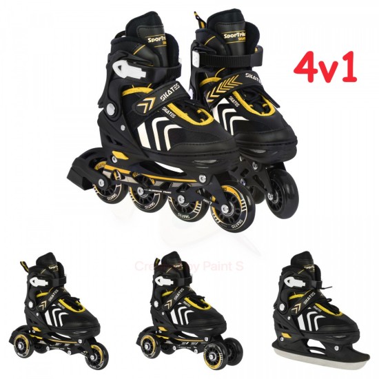 Sport Trike Detské koliekové korčule + korčule na ľad 4v1, nastaviteľné 29-33, žlté