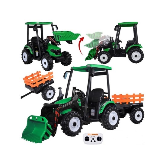 JOKO Veľký Elektrický Traktor s Kabínou 2x200W 24V s Pohyblivou Prednou Radlicou a vlečkou, hudobný panel, LED svetlá, Diaľkové