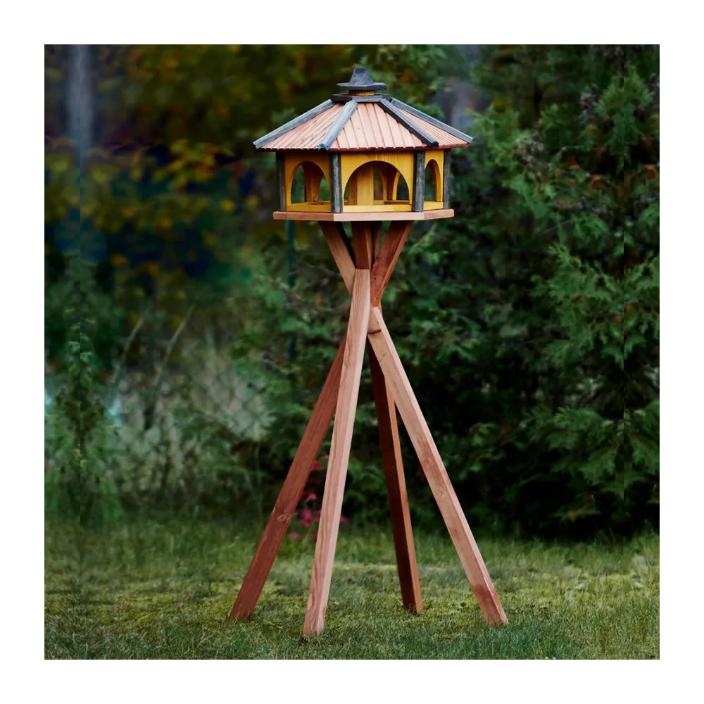 MKSTOR Drevené kŕmitko pre vtáky 60x50x40cm, vtáčia búdka so zásobníkom jedla, hnedá