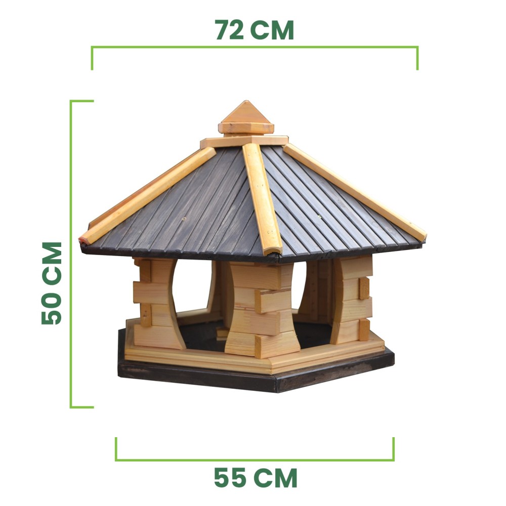 MKSTOR Drevené kŕmitko pre vtáky 72cmx55x50cm, vtáčia búdka so zásobníkom jedla, TIK-Antracit