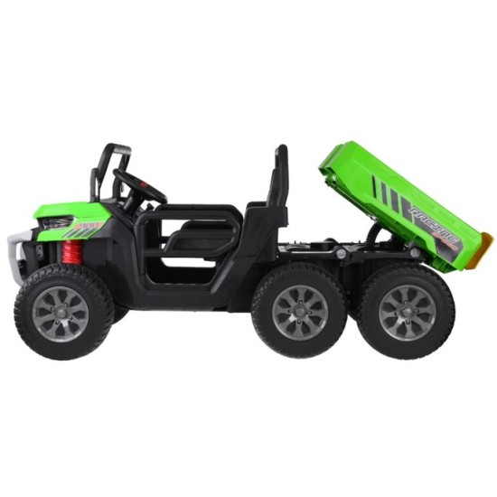 JOKO Elektrické autíčko Farmer s Vyklápacou Vlečkou, pre 2 deti, Nosnosť 50kg, 6 kolesové, pohon 4x4 24V, penové kolesá, zelené