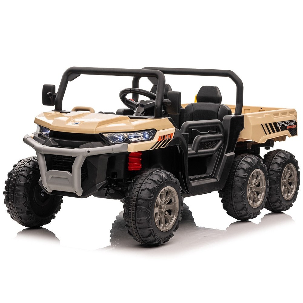 JOKO Elektrické autíčko Farmer s Vyklápacou Vlečkou, pre 2 deti, Nosnosť 50kg, 6 kolesové, pohon 4x4 24V, penové kolesá, béžové