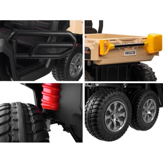 JOKO Elektrické autíčko Farmer s Vyklápacou Vlečkou, pre 2 deti, Nosnosť 50kg, 6 kolesové, pohon 4x4 24V, penové kolesá, béžové