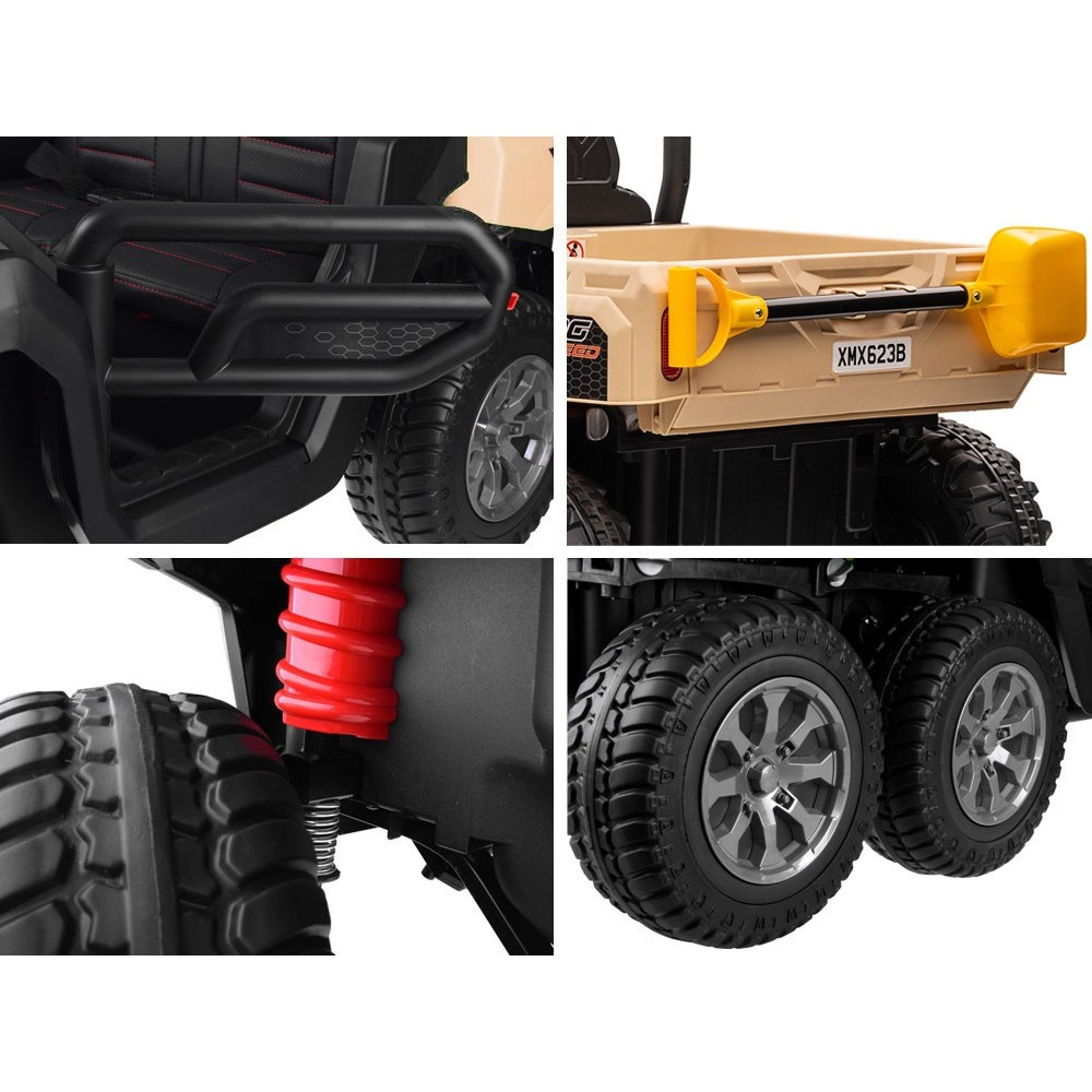 JOKO Elektrické autíčko Farmer s Vyklápacou Vlečkou, pre 2 deti, Nosnosť 50kg, 6 kolesové, pohon 4x4 24V, penové kolesá, béžové