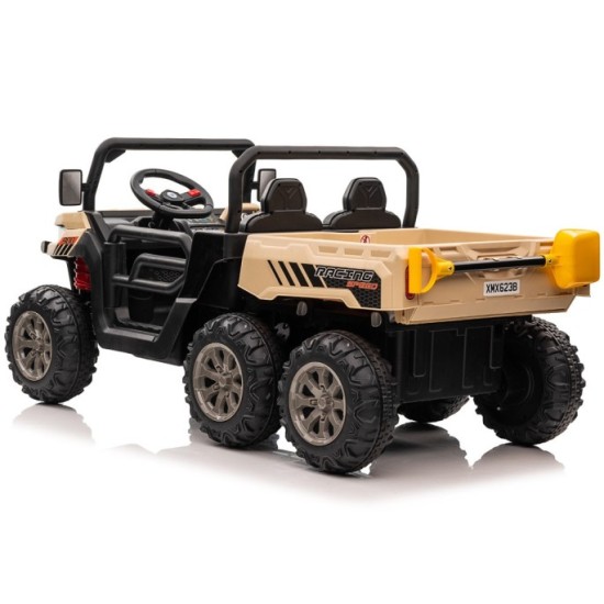 JOKO Elektrické autíčko Farmer s Vyklápacou Vlečkou, pre 2 deti, Nosnosť 50kg, 6 kolesové, pohon 4x4 24V, penové kolesá, béžové