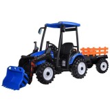 JOKO Veľký Elektrický Traktor s Kabínou 2x200W 24V s Radlicou a vlečkou, hudobný panel, LED svetlá, Diaľkové ovládanie, modrý