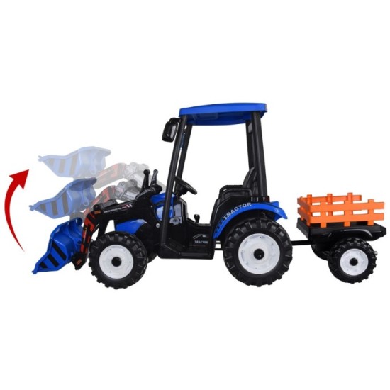 JOKO Veľký Elektrický Traktor s Kabínou 2x200W 24V s Radlicou a vlečkou, hudobný panel, LED svetlá, Diaľkové ovládanie, modrý