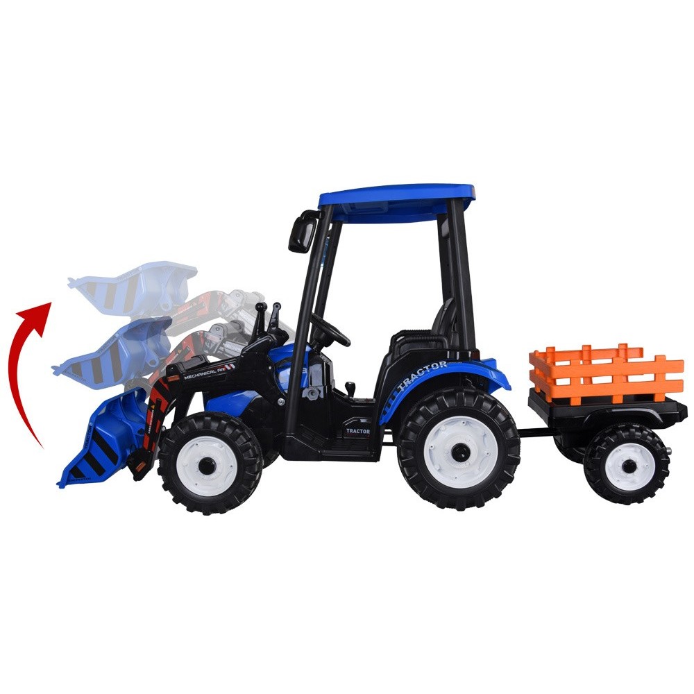 JOKO Veľký Elektrický Traktor s Kabínou 2x200W 24V s Radlicou a vlečkou, hudobný panel, LED svetlá, Diaľkové ovládanie, modrý