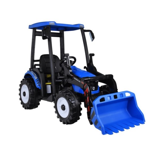 JOKO Veľký Elektrický Traktor s Kabínou 2x200W 24V s Radlicou a vlečkou, hudobný panel, LED svetlá, Diaľkové ovládanie, modrý