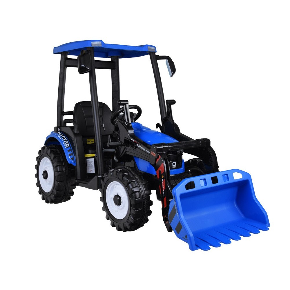 JOKO Veľký Elektrický Traktor s Kabínou 2x200W 24V s Radlicou a vlečkou, hudobný panel, LED svetlá, Diaľkové ovládanie, modrý