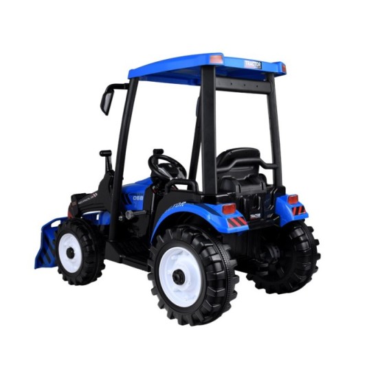 JOKO Veľký Elektrický Traktor s Kabínou 2x200W 24V s Radlicou a vlečkou, hudobný panel, LED svetlá, Diaľkové ovládanie, modrý