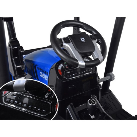 JOKO Veľký Elektrický Traktor s Kabínou 2x200W 24V s Radlicou a vlečkou, hudobný panel, LED svetlá, Diaľkové ovládanie, modrý