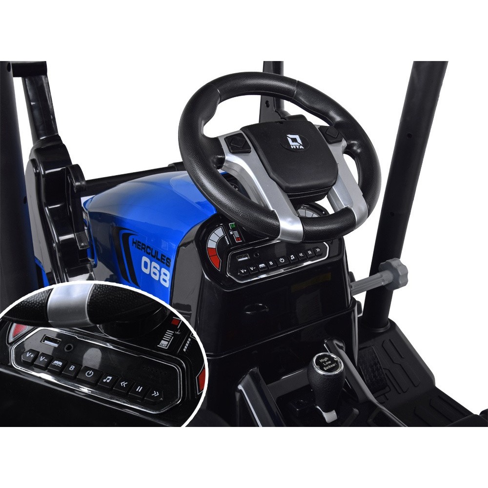 JOKO Veľký Elektrický Traktor s Kabínou 2x200W 24V s Radlicou a vlečkou, hudobný panel, LED svetlá, Diaľkové ovládanie, modrý