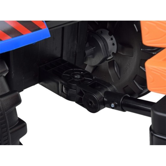 JOKO Veľký Elektrický Traktor s Kabínou 2x200W 24V s Radlicou a vlečkou, hudobný panel, LED svetlá, Diaľkové ovládanie, modrý