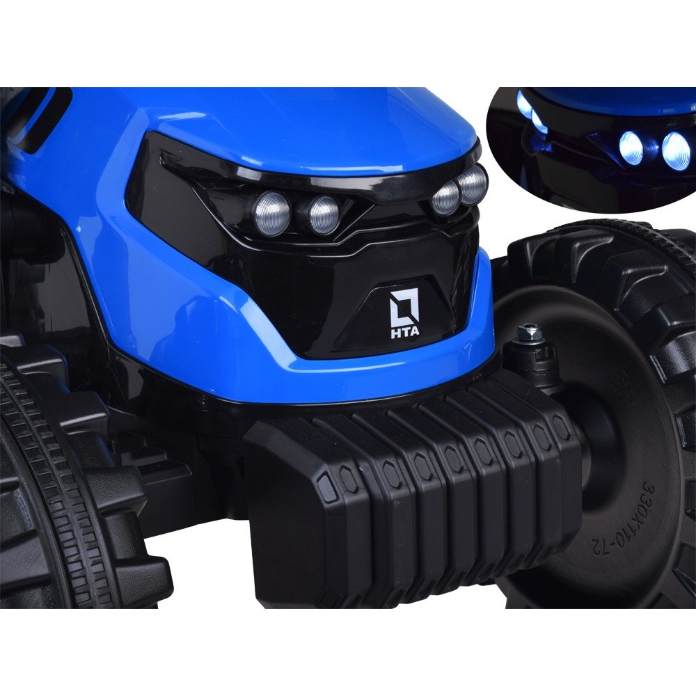 JOKO Veľký Elektrický Traktor s Kabínou 2x200W 24V s Radlicou a vlečkou, hudobný panel, LED svetlá, Diaľkové ovládanie, modrý
