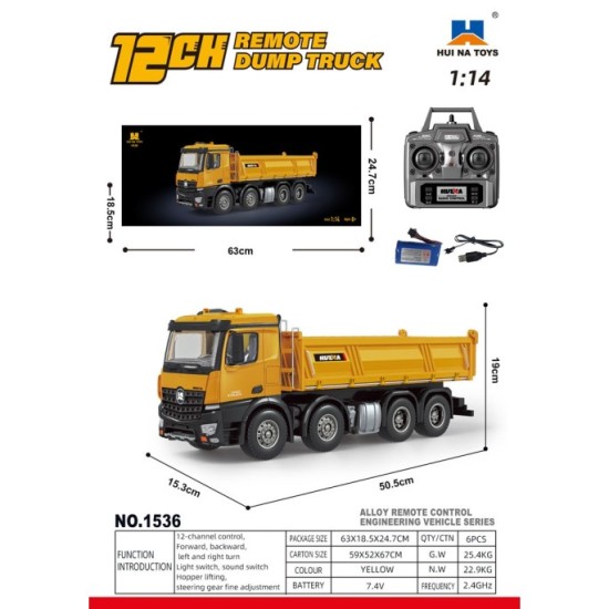 HUINA RC Nákladné auto s vyklápacou vlečkou na diaľkové ovládanie 1:14, žlté