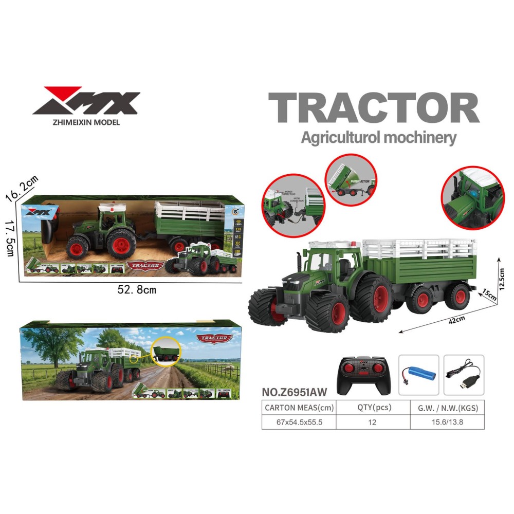JOKO RC Traktor s Elektricky Vyklápacou vlečkou, svetlom a zvukom, na diaľkové ovládanie, zelený