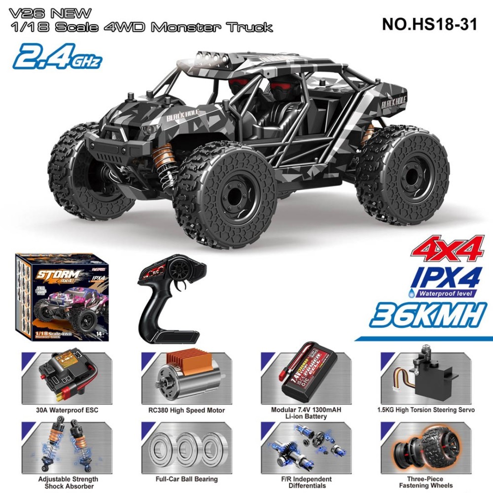 JOKO RC Auto MONSTER 4x4, rýchlosť 36km, na diaľkové ovládanie, čierne