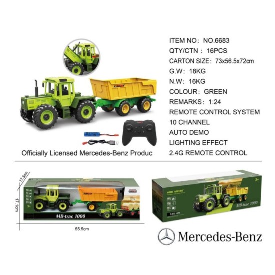 JOKO RC Traktor Mercedes s vyklápacou vlečkou na diaľkové ovládanie, zelený