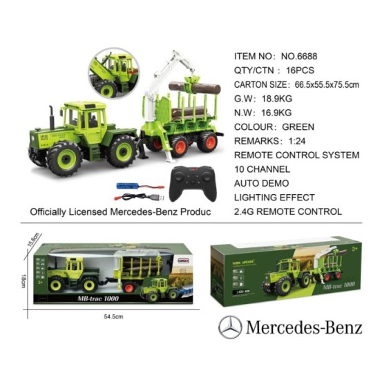 JOKO RC Traktor Mercedes s vlečkou a Drapák na drevo, usb nabíjačka, zelený