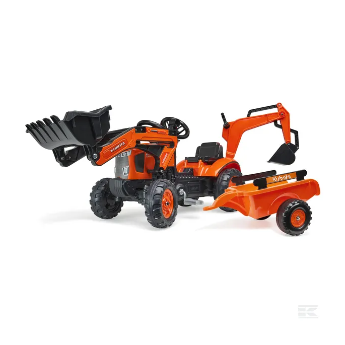FALK Šľapací Traktor Bager Kubota Class Arion 410 s čelným nakladačom a vlečkou, červený