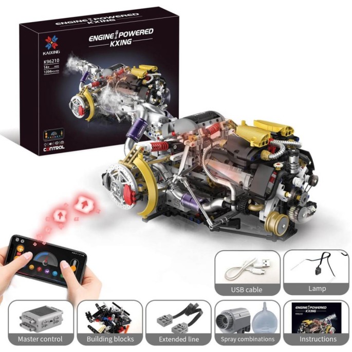 JOKO Technická stavebnica Motor s Dymom 1394ks, svetlom a USB, na diaľkové ovládanie cez WIFI Aplikáciuel.