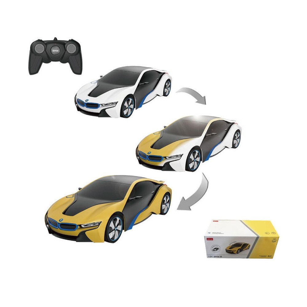 RASTAR RC Auto BMW I8-UV Sensitive Collection 1:24 na diaľkové ovládanie s LED svetlom + Meniaca farba kapoty, žlto-biele