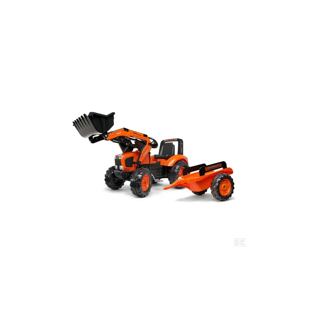 FALK Šľapací Traktor Bager Kubota M135GX s čelným nakladačom a vlečkou, od 3 do 7 rokov, oranžový