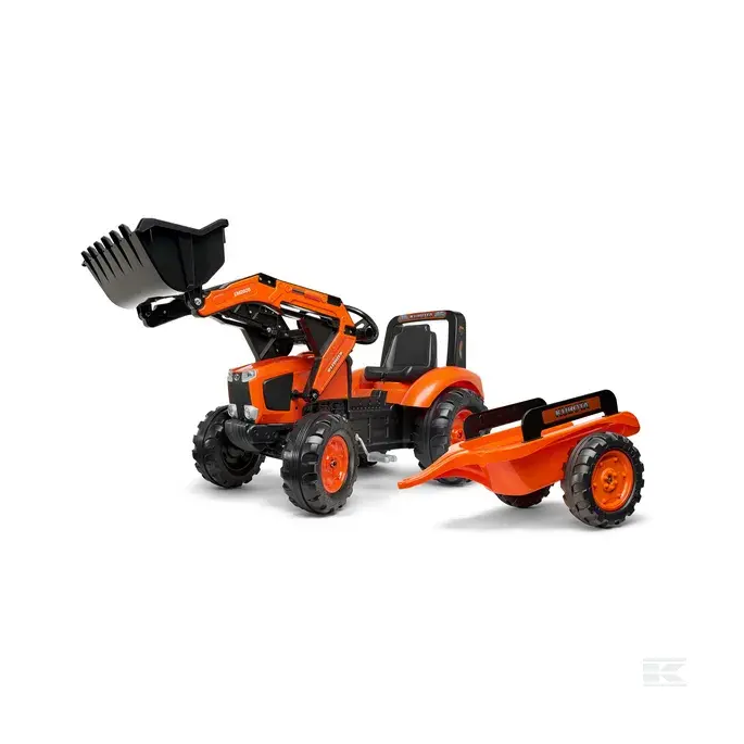 FALK Šľapací Traktor Bager Kubota M135GX s čelným nakladačom a vlečkou, od 3 do 7 rokov, oranžový