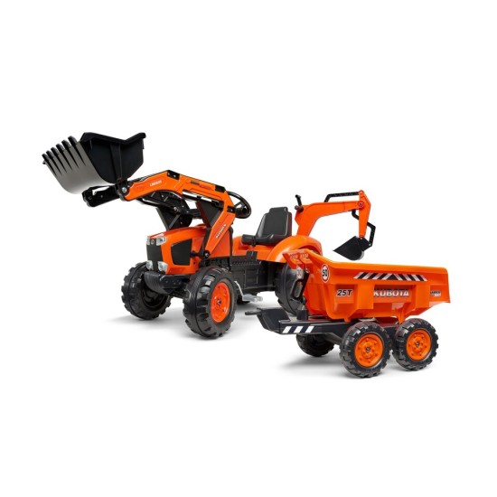 FALK Šliapací Traktor 2090W Kubota s prednou a zadnou lyžicou a vlečkou, od 3 do 7 rokov, oranžový