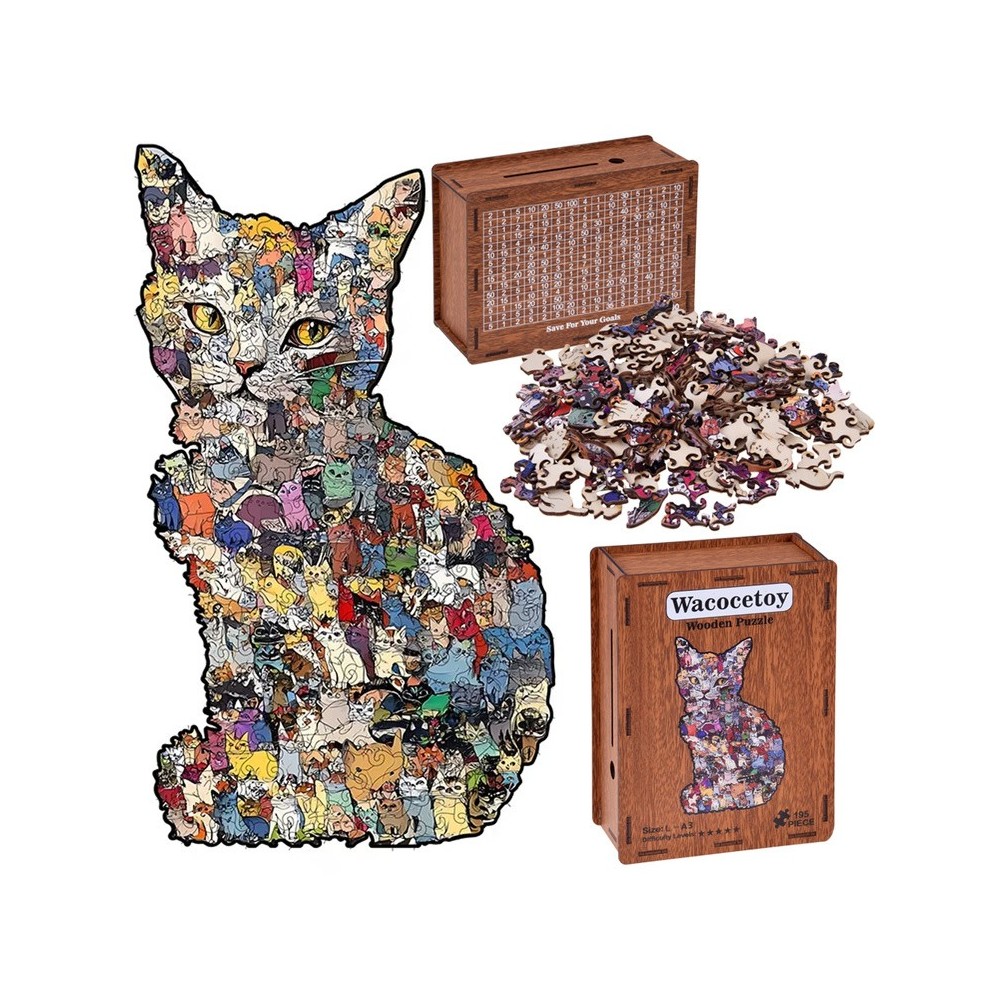JOKO Sada Drevené Puzzle Mačka a Drevená Pokladnička 2v1 - VINTAGE A3 195ks